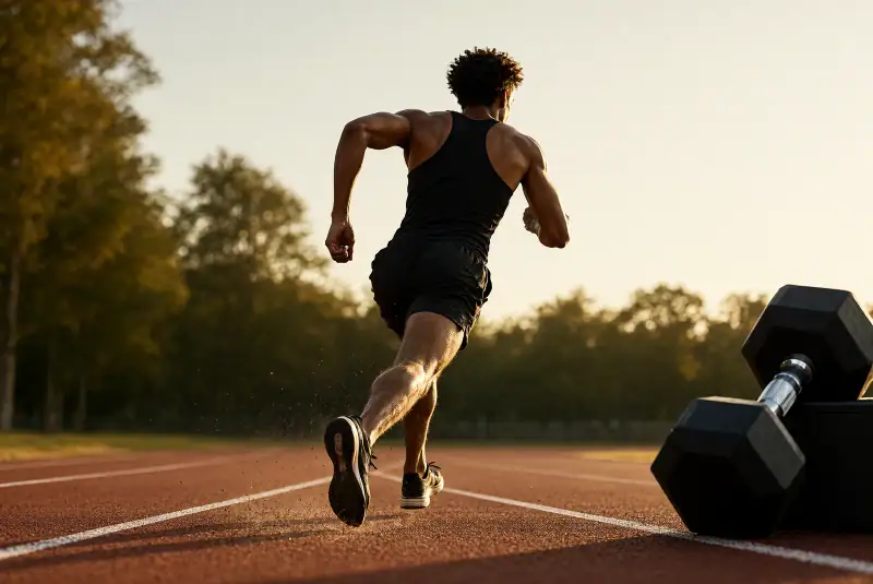 Açık hava pistinde sprint atan bir sporcu ve yanında ağır dambıllar; kısa ve yüksek yoğunluklu anaerobik egzersizi temsil ediyor.