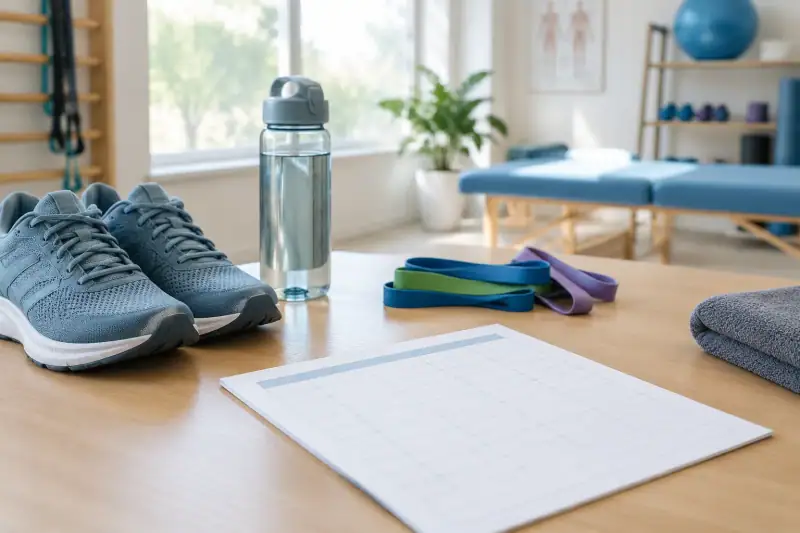 Fizik tedavi stüdyosunda egzersiz planı sayfası, spor ayakkabıları, su şişesi ve direnç bantları