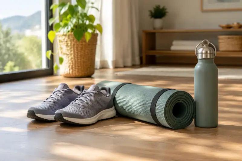 Günlük egzersiz için hazırlanmış spor ayakkabıları, mat ve su şişesi.